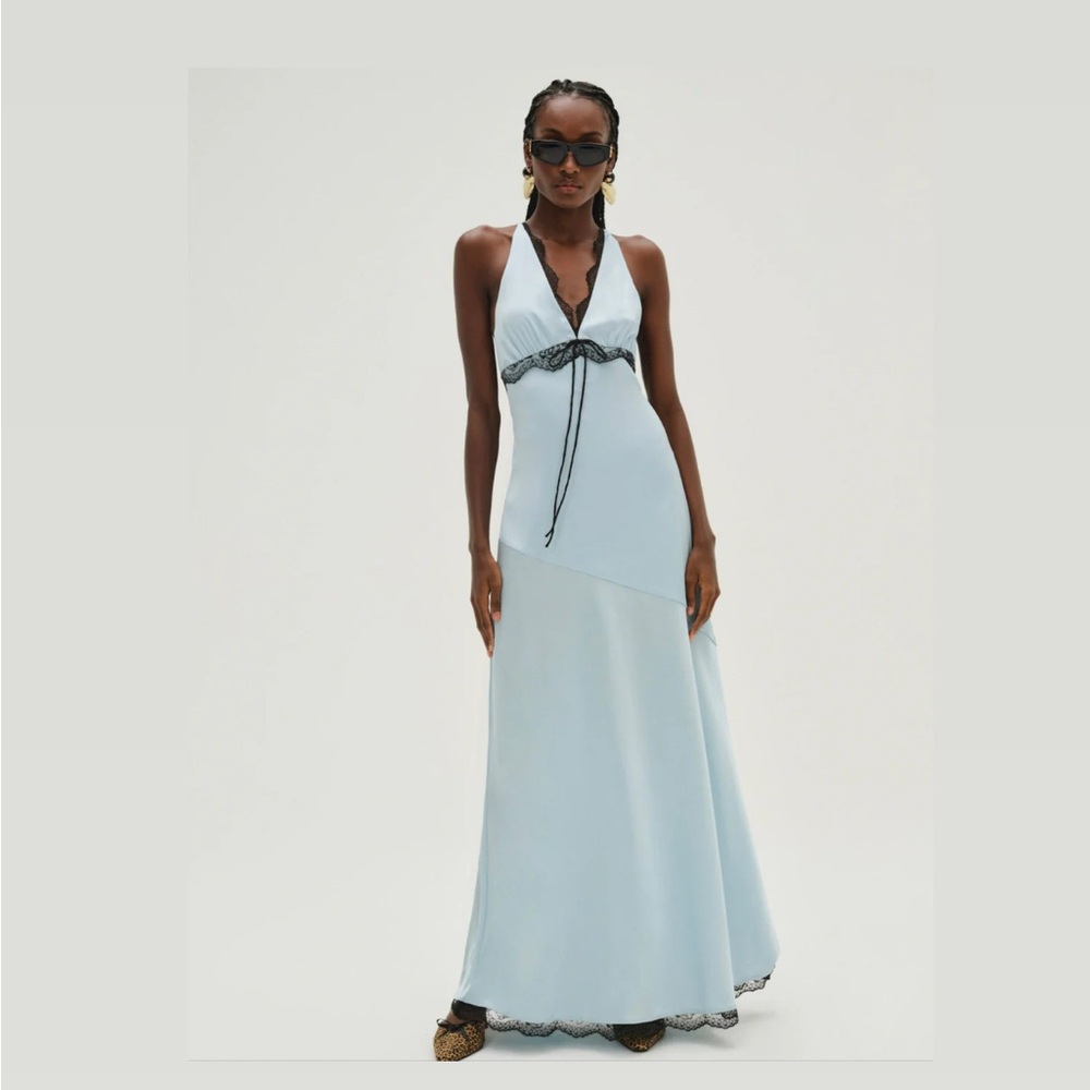 NWT For Love And Lemons Sky Blue Mariella Maxi Dress with Black Details